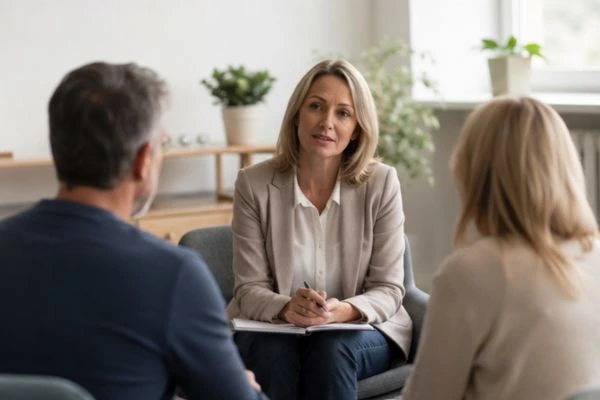 Couple discussing financial arrangement , pensions in divorce Ealing